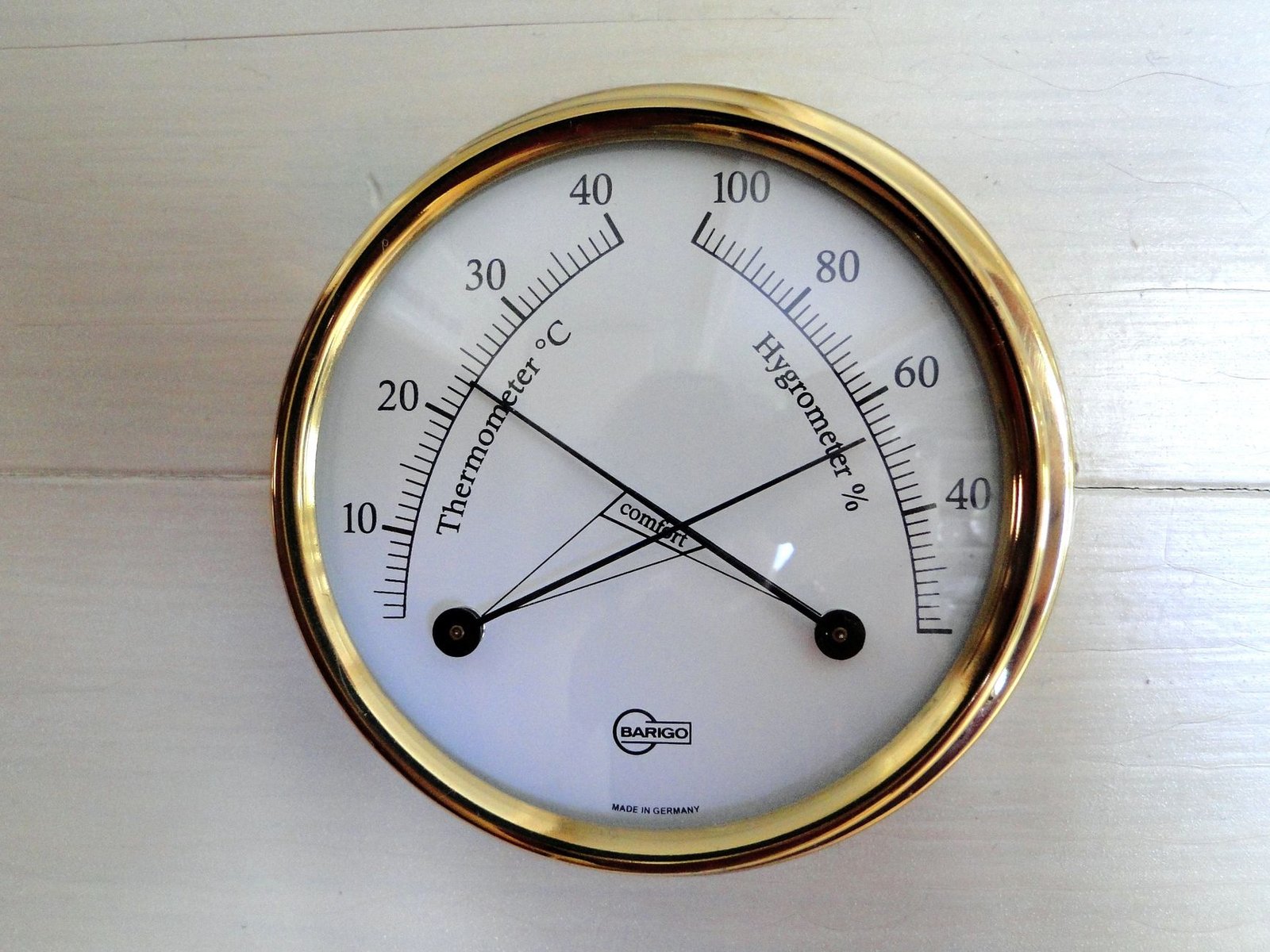 Brass analogue hygrometer and thermometer dial showing room temperature and relative humidity