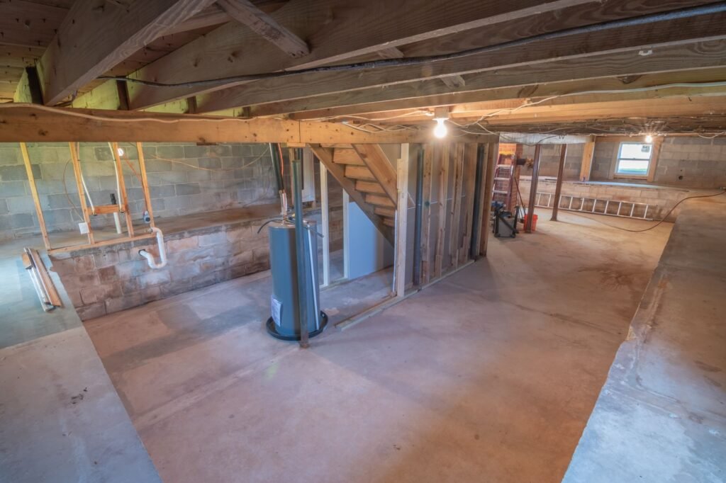 Unfinished basement with concrete block walls, exposed joists and a water heater, where humidity readings matter most