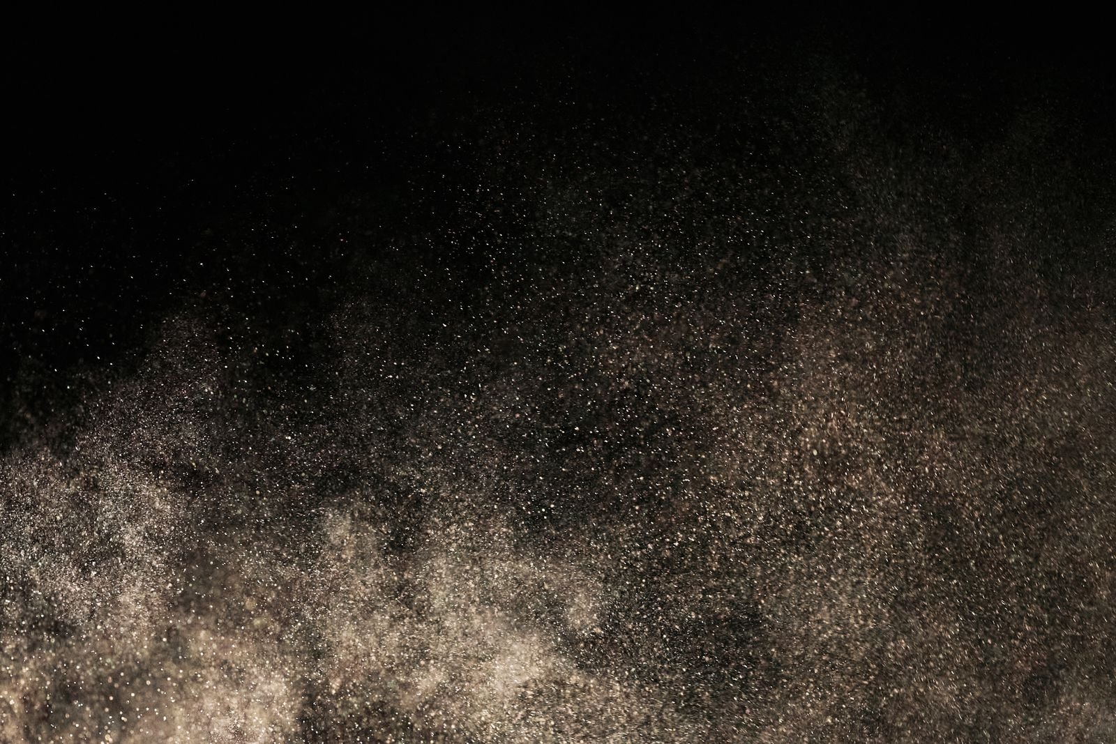 Fine dust particles floating in the air against a dark backdrop, a visible stand-in for much smaller airborne mould spores