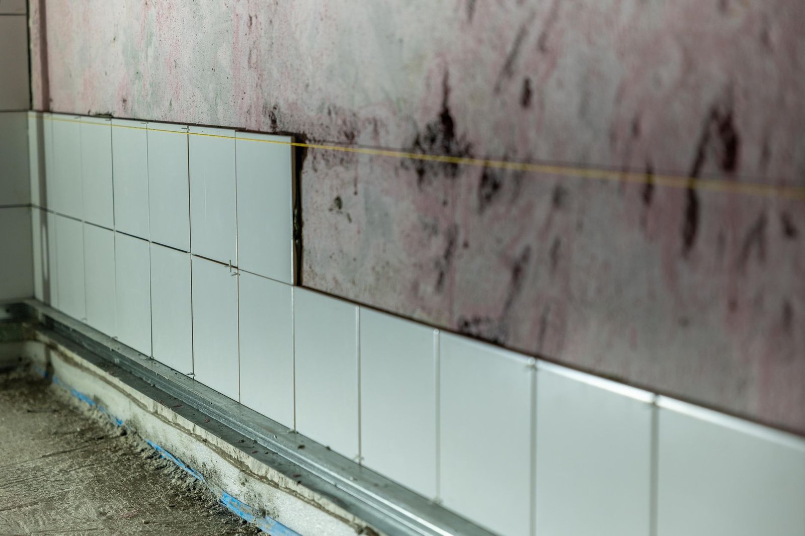 Patches of black mould on a pink-grey plaster wall above a row of white tiles, spreading in streaks and blotches