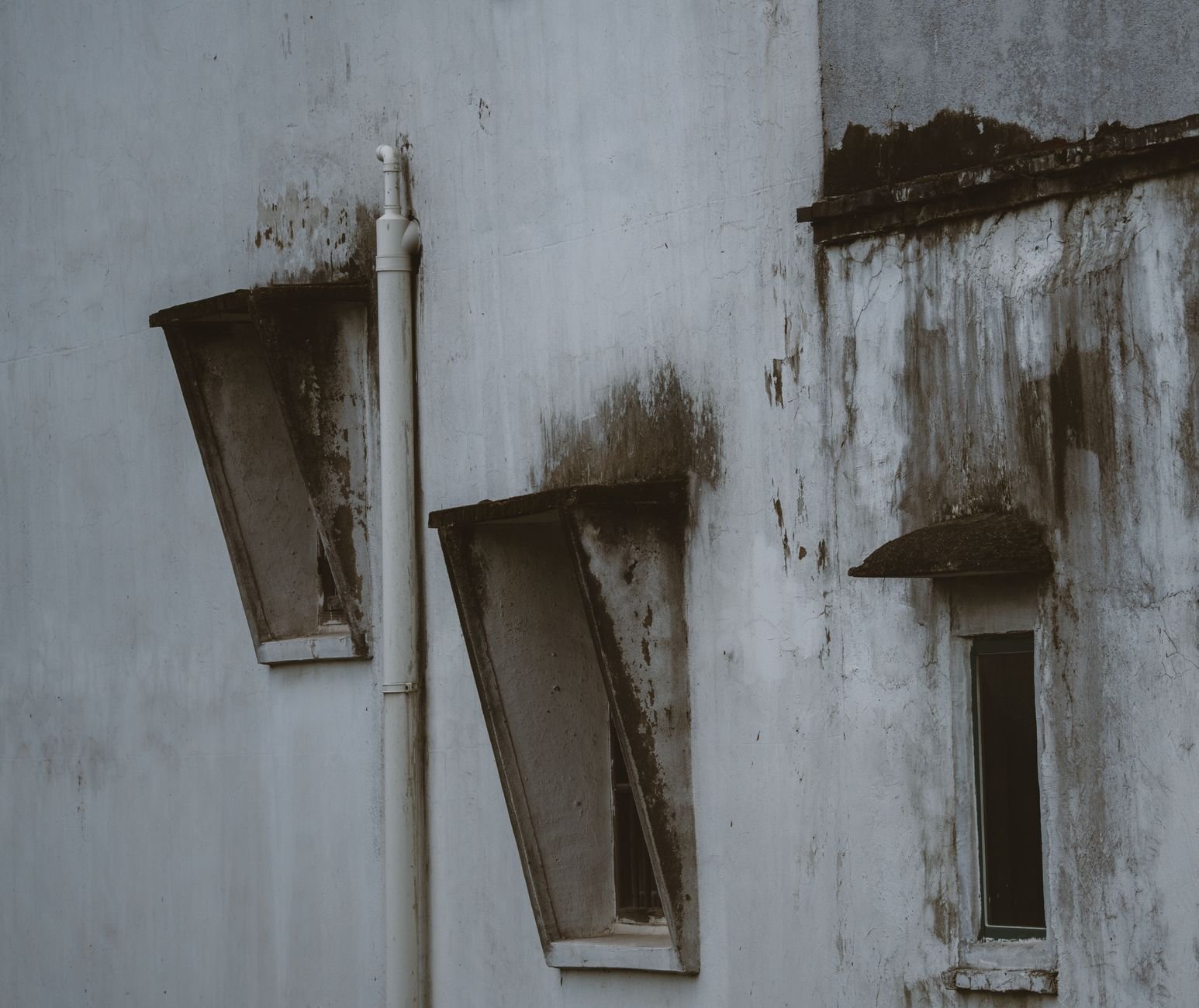 Dark mould staining below window ledges and beside a drainpipe on a damp rendered wall, where water runs and pools