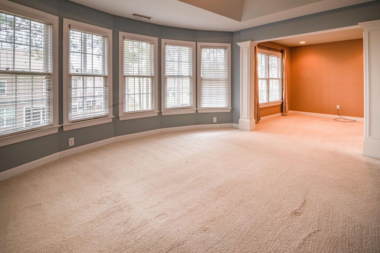 Empty room with fitted cream carpet and large windows, the kind of carpeted room where mould under the carpet can go unnoticed
