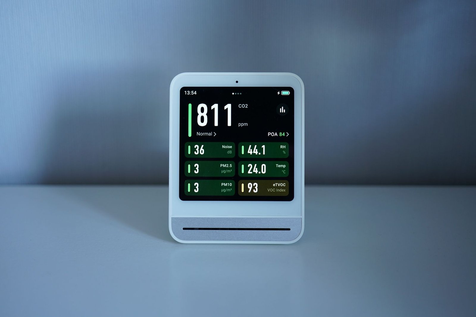 Desktop indoor air monitor showing a relative humidity reading of 44.1 percent alongside temperature and CO2