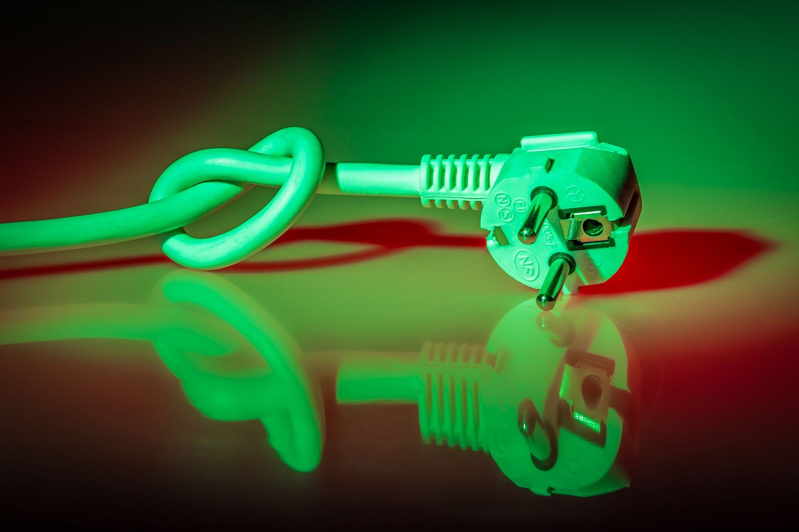 A knotted mains power cord and plug lit in green, the kind of cord damage to check for before resetting a dehumidifier plug